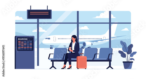 Modern flat vector illustration of business traveler waiting at airport gate with suitcase and coffee representing calm corporate travel routine before departure
