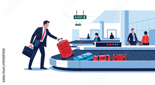 Modern flat vector illustration of business traveler collecting luggage from baggage carousel representing arrival routine and corporate travel journey completion