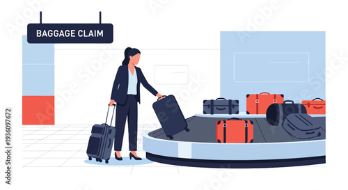Modern flat vector illustration of business traveler collecting luggage from baggage carousel representing arrival routine and corporate travel journey completion