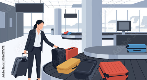 Modern flat vector illustration of business traveler collecting luggage from baggage carousel representing arrival routine and corporate travel journey completion