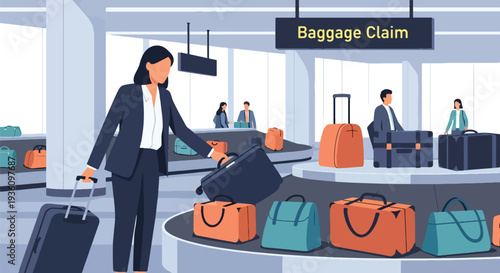Modern flat vector illustration of business traveler collecting luggage from baggage carousel representing arrival routine and corporate travel journey completion