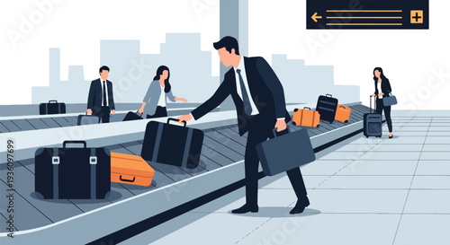 Modern flat vector illustration of business traveler collecting luggage from baggage carousel representing arrival routine and corporate travel journey completion