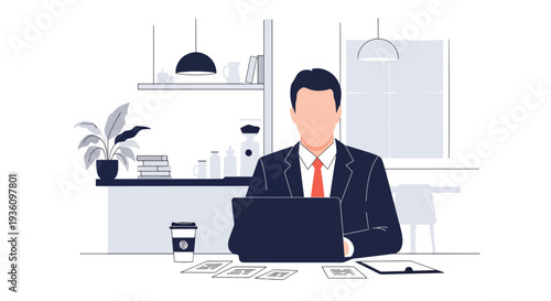 Modern flat vector illustration of business traveler working in coworking space with laptop and notebook representing remote productivity during travel
