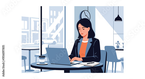 Modern flat vector illustration of business traveler working in coworking space with laptop and notebook representing remote productivity during travel