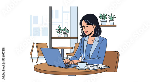 Modern flat vector illustration of business traveler working in coworking space with laptop and notebook representing remote productivity during travel