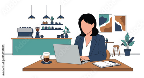 Modern flat vector illustration of business traveler working in coworking space with laptop and notebook representing remote productivity during travel