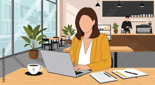 Modern flat vector illustration of business traveler working in coworking space with laptop and notebook representing remote productivity during travel