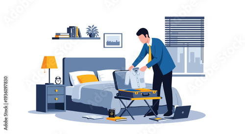 Modern flat vector illustration of business traveler packing suitcase with laptop and documents representing preparation for corporate journey and organized travel