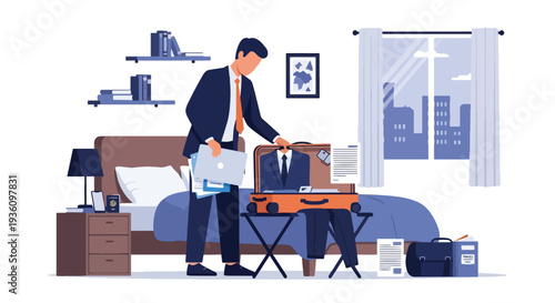 Modern flat vector illustration of business traveler packing suitcase with laptop and documents representing preparation for corporate journey and organized travel