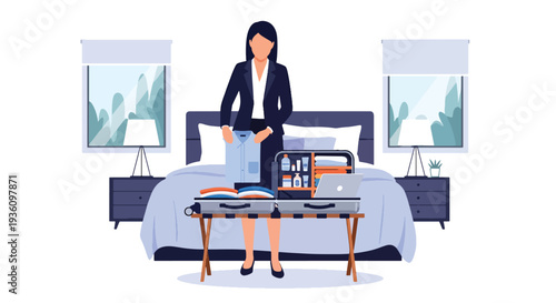 Modern flat vector illustration of business traveler packing suitcase with laptop and documents representing preparation for corporate journey and organized travel