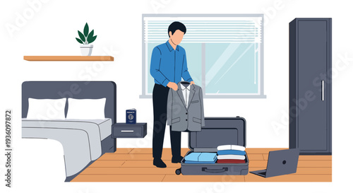 Modern flat vector illustration of business traveler packing suitcase with laptop and documents representing preparation for corporate journey and organized travel
