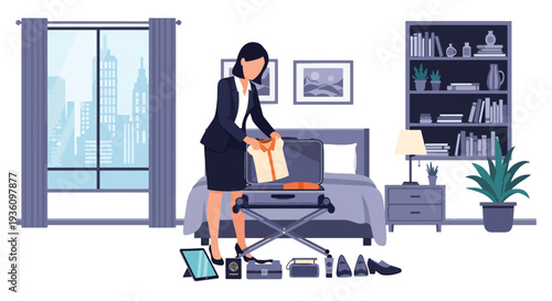 Modern flat vector illustration of business traveler packing suitcase with laptop and documents representing preparation for corporate journey and organized travel