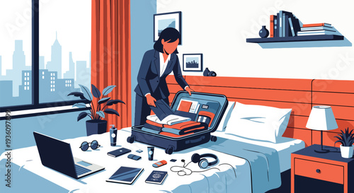 Modern flat vector illustration of business traveler packing suitcase with laptop and documents representing preparation for corporate journey and organized travel