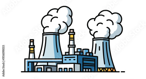 Industrial factory with smokestacks emitting smoke, cartoon style illustration of a power plant or nuclear reactor with cooling towers