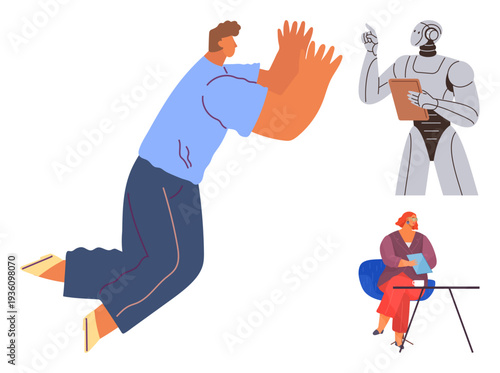 Human interactions, AI evolution, workplace dynamics, robotics, futuristic technology, creativity. A man falling, a robot with a clipboard and a woman at a desk. Human interactions and AI evolution