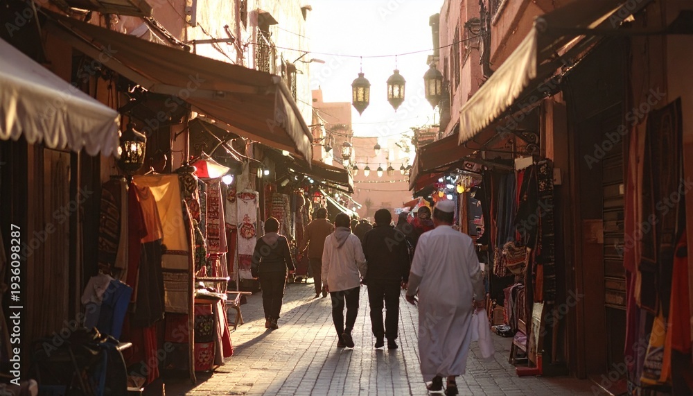 Obraz premium Moroccan Medina Street Scene During Eid al-Fitr Celebration with Traditional Architecture and Lanterns