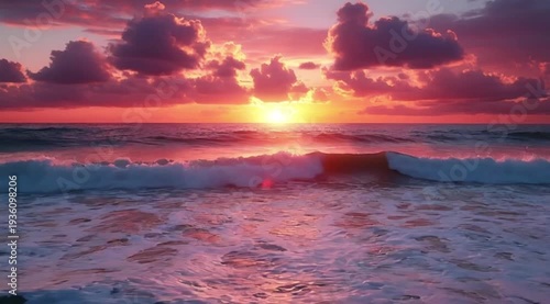 Vibrant Ocean Sunset with Pink and Orange Clouds Over Crashing Waves wallpaper