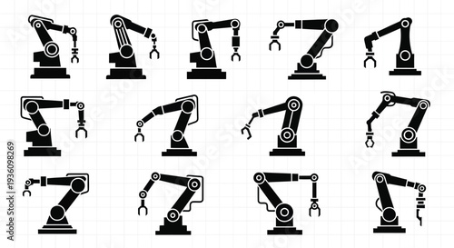 Collection of robotic arm icons in various positions and angles, showcasing industrial automation and manufacturing technology