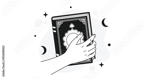 Flat illustration of a hand holding an ancient magic spellbook with crescent moons and stars on a white background