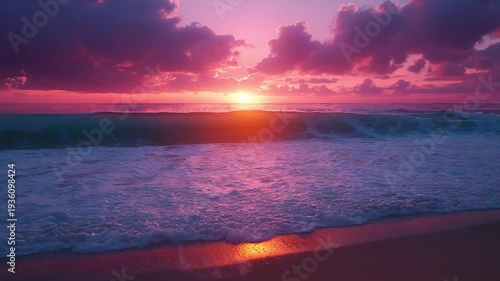 Vibrant Pink and Purple Sunset Over Ocean Waves on Sandy Beach wallpaper