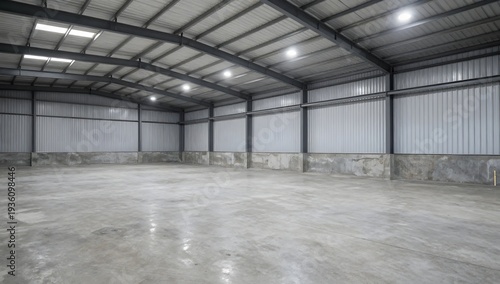 Empty commercial warehouse interior with concrete floor and metal walls and ceiling