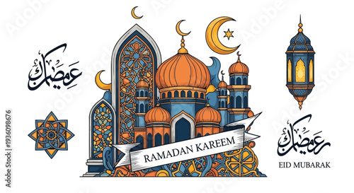 Vibrant Islamic mosque illustration with Ramadan Kareem and Eid Mubarak greetings, featuring intricate Arabic calligraphy and traditional lanterns on white background vertical concept design platform 