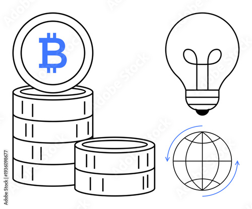 Bitcoin cryptocurrency concept. stacked coins with Bitcoin symbol, global network connectivity, and innovative ideas by a lightbulb. Perfect for use in fintech, blockchain technology, digital