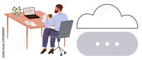 Remote work, cloud management, data storage, technology integration, productivity solutions, office setup. Man working at desk with coffee and laptop next to cloud icon. Remote work and cloud