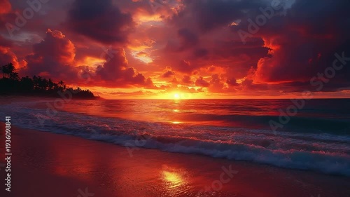 Dramatic Tropical Beach Sunset with Fiery Red Sky and Ocean Waves wallpaper