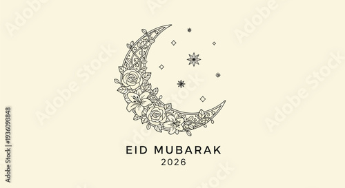 Eid Mubarak 2026 greeting card with crescent moon and floral design