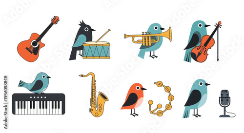Cartoon birds playing musical instruments
