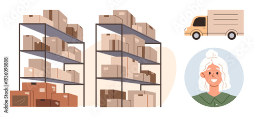 Warehousing, logistics, supply chain, inventory management, transportation, packaging. Metal shelves stacked with boxes, delivery truck smiling worker portrait. Warehousing and logistics