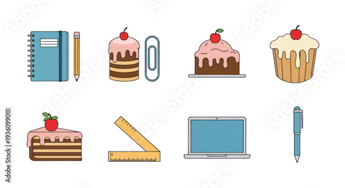 Assortment of office supplies and desserts