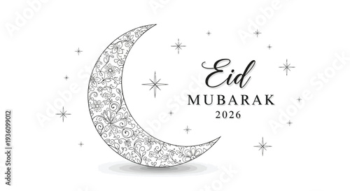 Eid Mubarak 2026 greeting card with crescent moon and stars, Islamic holiday celebration illustration