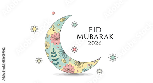 Eid Mubarak 2026 greeting card with floral crescent moon and stars on white background
