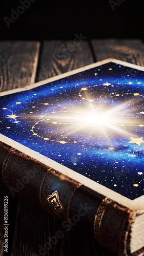 Book opened on wooden table with cosmic galaxy image