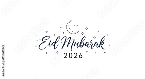 Eid Mubarak 2026 greeting with crescent moon and stars on white background