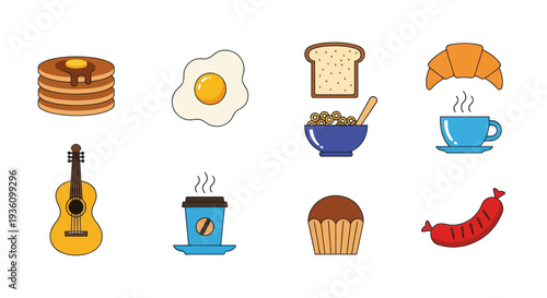 Breakfast food and musical instrument vector set