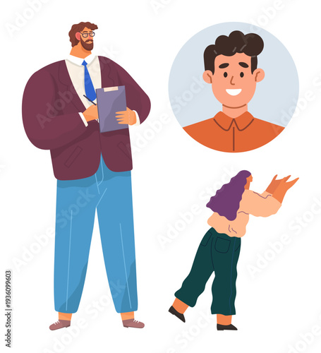 Teamwork, leadership, professional growth, employee interaction, business communication, organizational culture. A manager with a clipboard, a worker and a profile icon. Teamwork and leadership