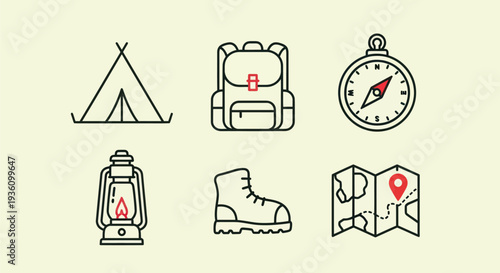 Camping equipment icons on beige background