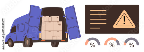 Logistics, supply chain, risk management, delivery services, transportation efficiency, data analysis. A van loaded with boxes and a warning dashboard. Logistics and supply chain concept