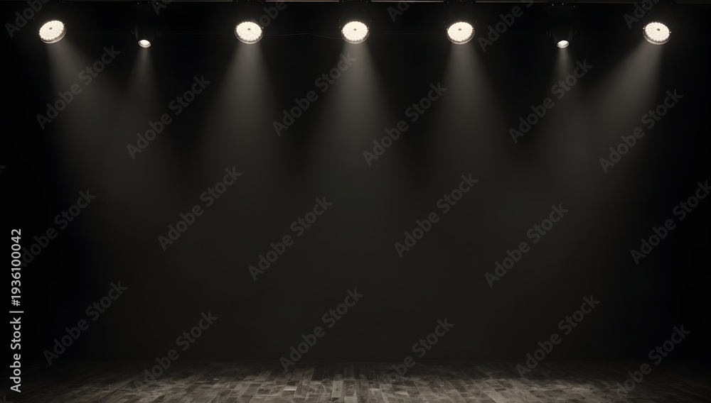 Obraz premium Empty stage with wooden floor illuminated by spotlights from above against black backdrop