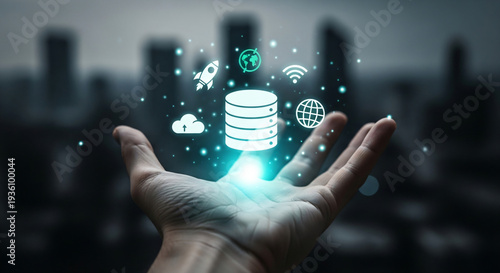 Data Network Cloud Computing Technology Hand Icons Glowing