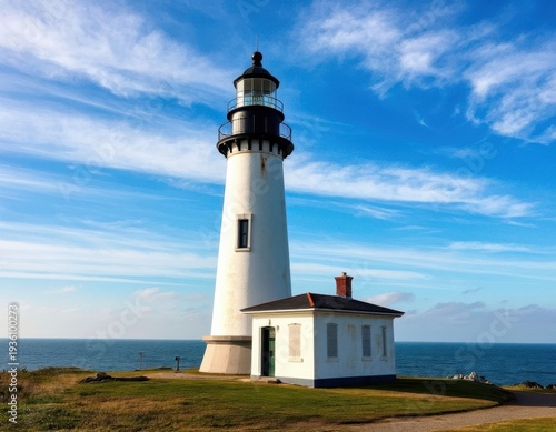 Wallpaper Mural White lighthouse with black lantern on coastal cliff overlooking the ocean under a blue sky with scattered clouds and grassy foreground Torontodigital.ca
