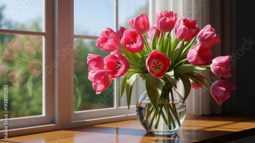 Wallpaper Mural A vase of vibrant pink tulips sits on a wooden windowsill, near a window Torontodigital.ca