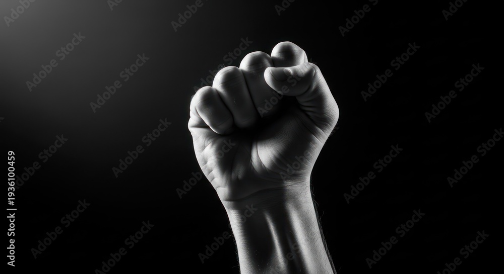 Fototapeta premium Black and white close-up of a clenched fist, lit from above, against a dark background