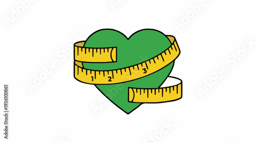 Green Heart Wrapped With Yellow Measuring Tape Symbolizing Health And Fitness On White Background
