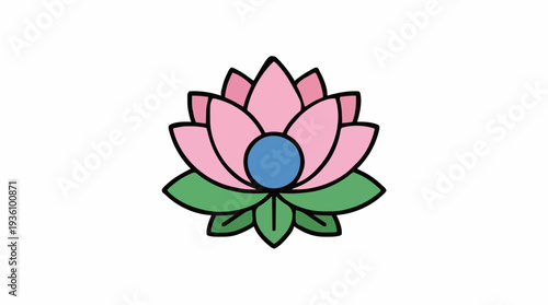 Stylized Pink Lotus Flower With Blue Center and Green Leaves Isolated on White Background