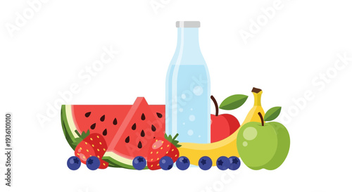 Assorted fresh fruits and hydration bottle arranged on surface with various berries and juice