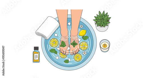 Relaxing foot bath with lemon slices and herbs in a serene environment